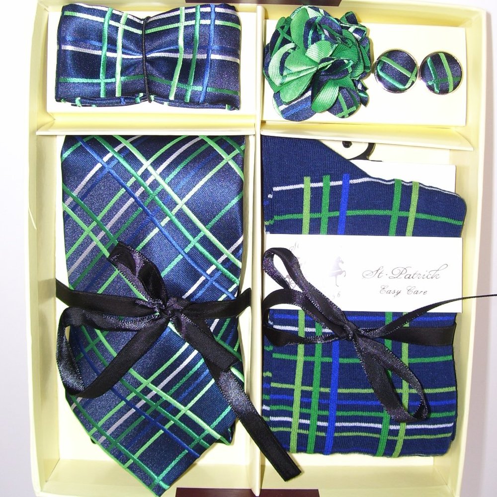 Blue Necktie Sock Flower Hanky Cuff Link Box Set